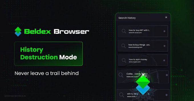 An advertisement for Beldex Browser featuring its 'History Destruction Mode' with the tagline 'Never leave a trail behind' alongside a search history interface being deleted.