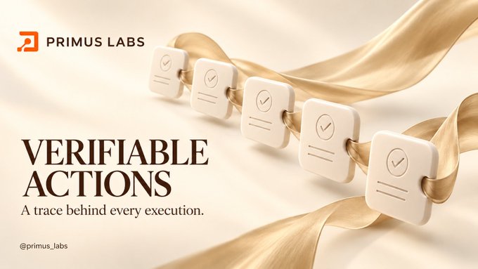 Primus Labs advertisement featuring 3D document icons on a flowing ribbon with the text 'VERIFIABLE ACTIONS - A trace behind every execution.'