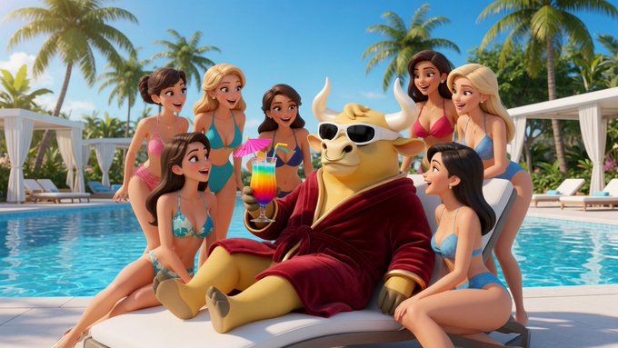 An animated scene shows a bull wearing sunglasses and a red robe lounging poolside surrounded by women in bikinis, with a tropical resort setting in the background.