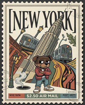 The image shows a cartoon bear standing on top of a train, wearing an outfit similar to a hipster, with pants and shoes. A stapler is also visible near the bottom right corner of the image. The main elements in this scene are the colorful bear figurine and the postage stamp, which has a postmark, indicating that it was recently used for mail. In the top left corner of the stamp, there's text that reads "New York". The bear figure is located on the top of the stamp, standing as if to be transported into an urban cityscape. This imaginative representation creates an interesting juxtaposition between the whimsical character and the more serious nature of receiving a postmark. It can also be seen as an advertisement for the postal service with a light-hearted touch, potentially making people interested in sending letters or packages.