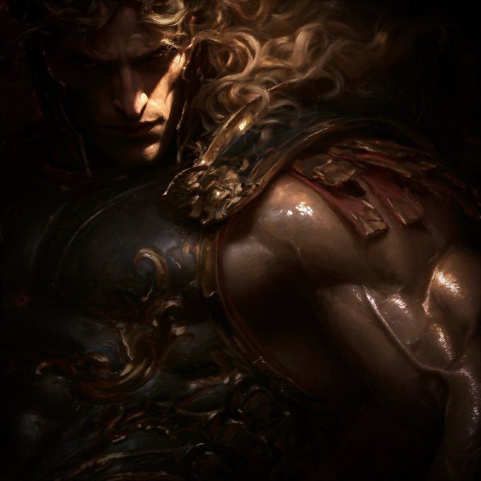 A digitally rendered fantasy artwork depicts a muscular warrior with flowing blonde hair wearing ornate dark armor with golden decorative elements, shown in dramatic chiaroscuro lighting.