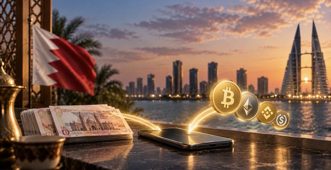 A digital composite showing Bahraini currency notes, a flag, and cryptocurrency coins (Bitcoin, Ethereum, Binance) emerging from a smartphone against a Bahrain cityscape at sunset.