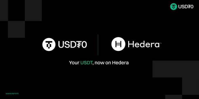 Promotional graphic with a black background announcing that USD₮0 is now on Hedera, featuring the Tether and Hedera logos with a green checkmark and the website www.usdt0.to.