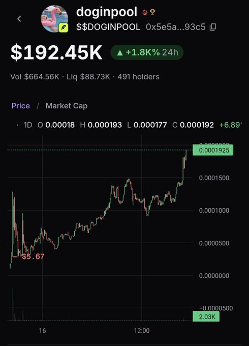 A cryptocurrency chart for '$$DOGINPOOL' (doginpool) showing a price of $192.45K with a +1.8% 24h change and a +6.89% gain, displaying a price chart with values ranging around 0.000192.