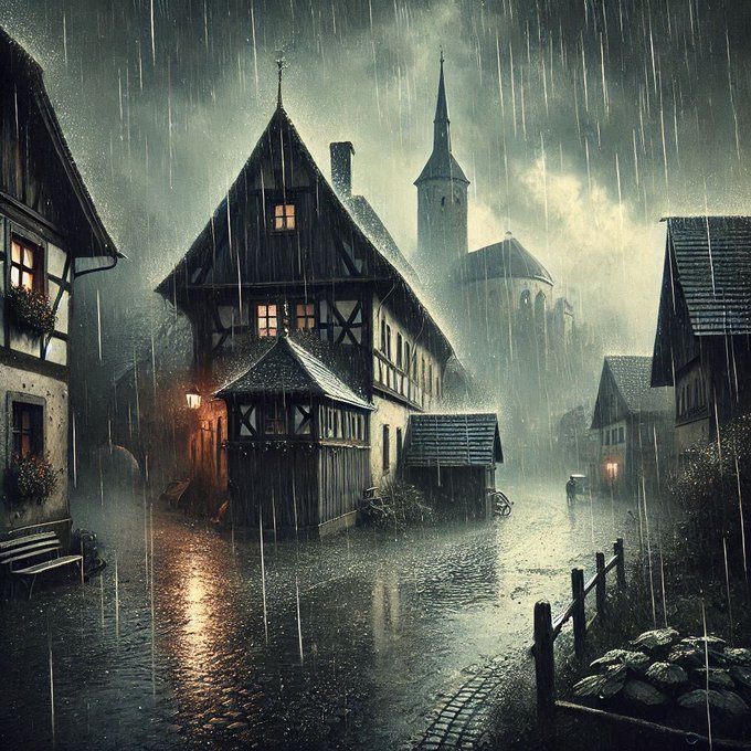 A moody digital artwork of a medieval village in heavy rain with timber-framed houses, a church spire in the distance, and glowing windows reflecting on wet cobblestones.