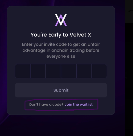 A 'Velvet X' invite code entry screen for early access to an onchain trading platform, with a 'Submit' button and a highlighted 'Join the waitlist' option.
