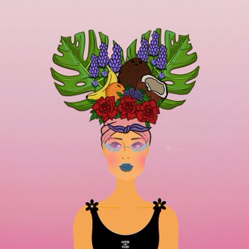 An illustrated portrait of a woman with vibrant makeup, wearing an elaborate tropical headdress featuring monstera leaves, purple flowers, bananas, coconut, and red roses against a pink background. The colorful, fruit-laden crown visually represents the celebratory NFT collaboration announced for the Times Square billboard reveal.