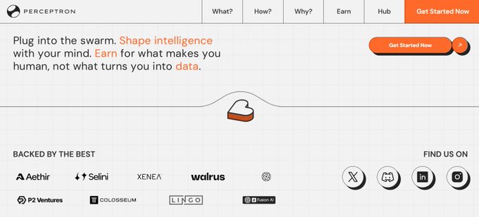 A website header for 'PERCEPTRON' with the tagline 'Plug into the swarm. Shape intelligence with your mind. Earn for what makes you human, not what turns you into data,' featuring a 'Get Started Now' button and logos of backers including Aethir, Selini, XENEA, walrus, P2 Ventures, COLOSSEUM, and LINCO.