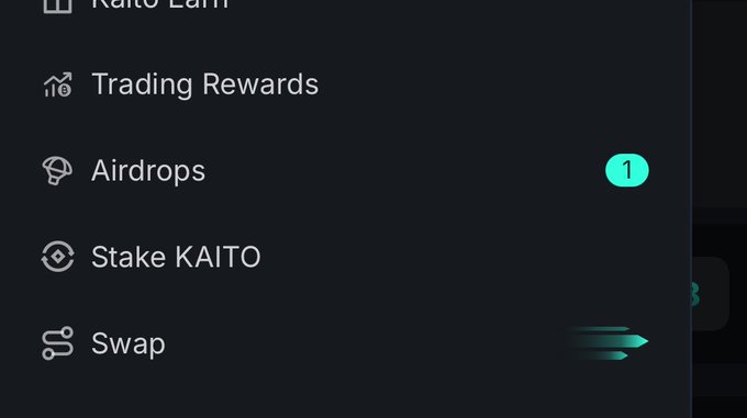 Dark-themed sidebar menu listing navigation options including Kaito Land, Trading Rewards, Airdrops (with a notification badge showing 1), Stake KAITO, and Swap.