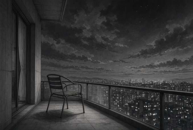 A black and white anime-style illustration of an empty metal chair on a high-rise balcony overlooking a vast city skyline illuminated at night under a cloudy sky.
