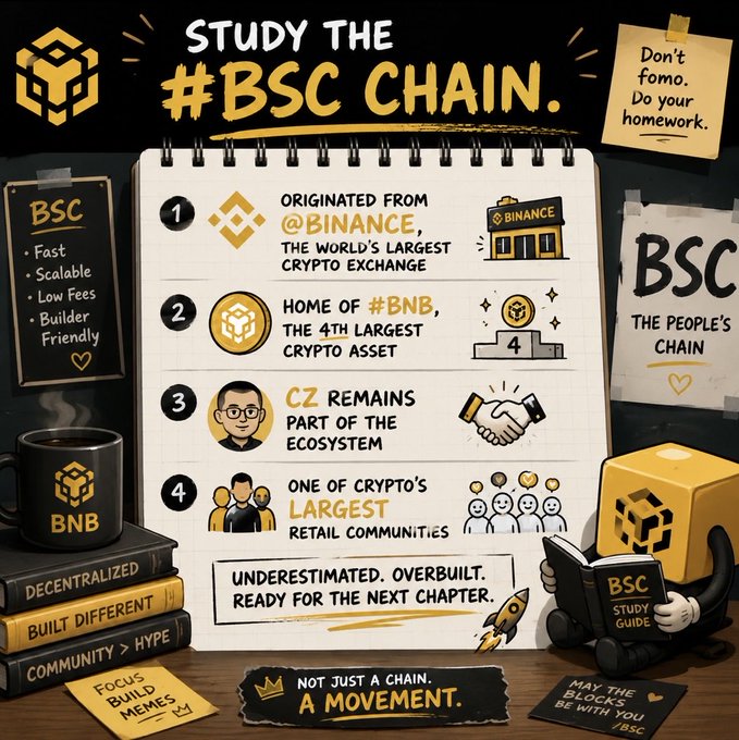 The image shows a study guide-style infographic titled "Study The #BSC Chain" with four key bullet points: originated from Binance, home of BNB (the 4th largest crypto asset), CZ remaining part of the ecosystem, and one of crypto's largest retail communities. It features a BNB mug, stacked books, and a mascot reading a "BSC Study Guide," reinforcing the post's message that BSC is "Not just a chain, but a movement."