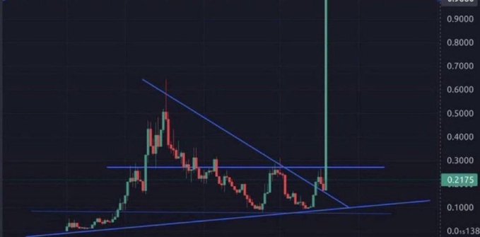 A candlestick chart shows an altcoin trading around $0.2175 after a sharp rejection near $0.90, forming a descending triangle pattern with horizontal support at $0.10 and resistance at $0.25, illustrating the volatile price action being hyped as "big alt szn incoming."
