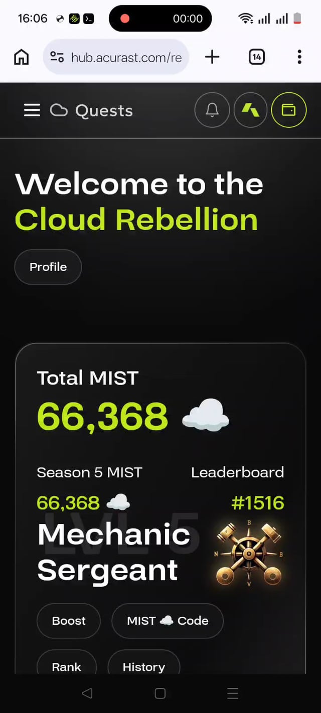 A mobile screenshot from hub.acurast.com showing 'Welcome to the Cloud Rebellion' with a total of 66,368 MIST, Season 5 MIST of 66,368, rank 'Mechanic Sergeant' and leaderboard position #1516.