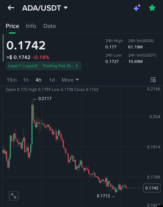 The image shows a cryptocurrency trading chart for ADA/USDT with a current price of $0.1742, displaying a significant decline from a 4-hour high of $0.2117 to a low of $0.1712, with 24-hour trading volume of 61.19M ADA. This chart highlights the stark contrast between ADA's current low price against the post's mention of its $3 all-time high, emphasizing the speculative nature of predicting if and when ADA might reclaim such heights in a future bull run.