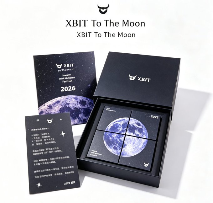 An elegantly designed black XBIT "To The Moon" 2026 mooncake gift box featuring a starry night sky and Earth imagery, accompanied by a festival greeting card with the XBIT logo. The packaging showcases the XBIT brand alongside messages wishing a happy Mid-Autumn Festival, with four individual compartments inside displaying a stunning lunar graphic.
