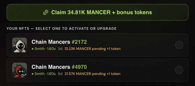 A dark UI screen prompting users to 'Claim 34.81K MANCER + bonus tokens,' displaying two NFT options: 'Chain Mancers #2172' and 'Chain Mancers #4970' for activation or upgrade.