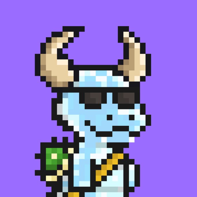 A pixel art character with large curved horns, wearing sunglasses and a blue outfit, set against a purple background.