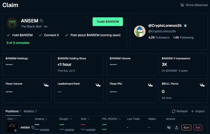A "Claim" dashboard showing the $ANSEM token with "The Black Bull - 1w" description, a Trade button, 3 of 3 tasks complete, holdings metrics, and a positions table at the bottom for @CryptoLorenzo2k.