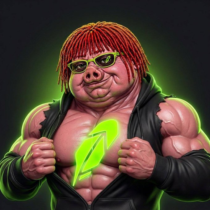 A digital illustration depicts a muscular anthropomorphic pink pig character with red dreadlocks and green glasses, wearing an open black hoodie that reveals a glowing green lightning bolt on its chest.