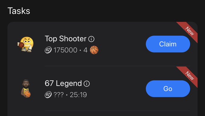 The image shows a "Tasks" section displaying two new achievements: "Top Shooter" with 175,000 points and a "Claim" button, and "67 Legend" showing ??? • 25:19 with a "Go" button, matching the post's mention of claiming 175k points and referencing the "67" community.