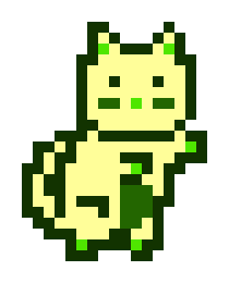 A pixel art illustration of a cute, light green bear-like creature with small green ears, sitting in a curled position.