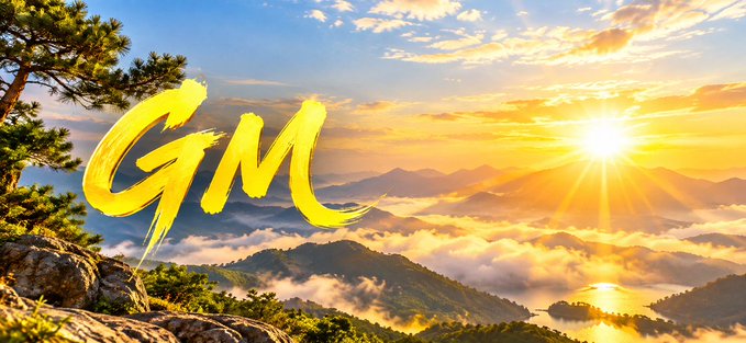 A scenic mountain sunrise landscape with yellow 'GM' brushstroke text overlaid, showing clouds, pine trees, and a lake reflecting the sun.