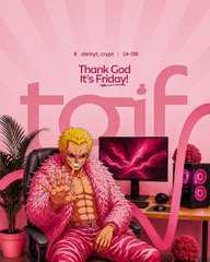 Pink-toned promotional poster featuring a blonde person in a pink fur coat at a desk with the text 'Thank God It's Friday!' and 'donut_crypt | S4-08' along with large 'tgif' lettering.