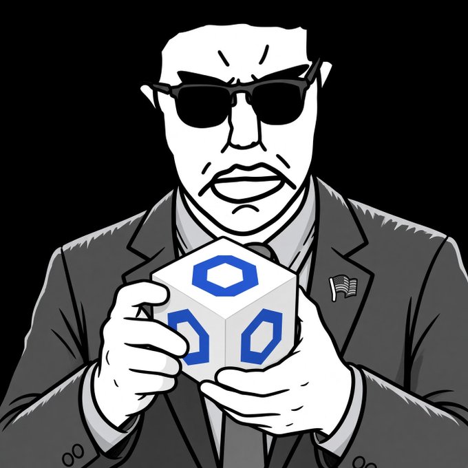 A black and white cartoon illustration of a man in sunglasses and a suit angrily holding a white cube with blue hexagon patterns, featuring an American flag pin on his lapel.