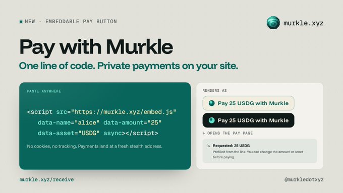 A promotional webpage for 'Pay with Murkle' (murkle.xyz) advertising an embeddable pay button with one line of code for private USDG payments, showing example code and rendered buttons.