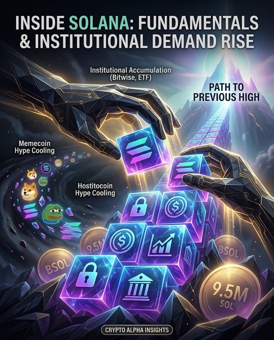 A promotional graphic titled 'INSIDE SOLANA: FUNDAMENTALS & INSTITUTIONAL DEMAND RISE,' showing stylized hands holding Solana (SOL) logos, with text including 'Institutional Accumulation (Bitwise, ETF)', 'Path to Previous High', 'Memecoin Hype Cooling', and 'CRYPTP ALPHA INSIGHTS'.