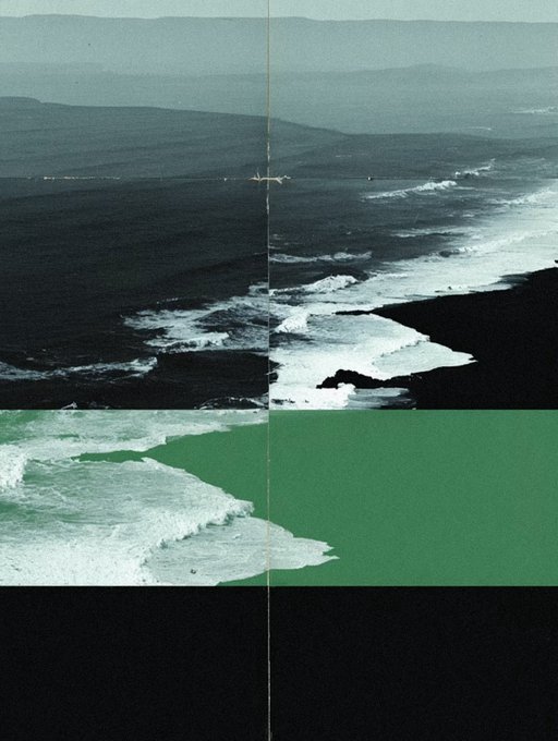 A photographic collage or artwork composed of four panels showing an aerial view of an airplane over a dark ocean coastline meeting turquoise waves.