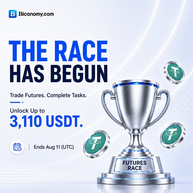 A promotional banner for Biconomy.com's "Futures Race" campaign, featuring a large silver trophy surrounded by USDT coins, advertising up to 3,110 USDT in rewards for trading perpetual futures and completing tasks by August 11 (UTC).