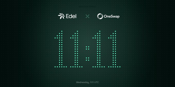 A digital countdown timer showing '11:11' for an Edel x OneSwap event scheduled for Wednesday, 11:11 UTC, displayed on a dark green pixelated background.