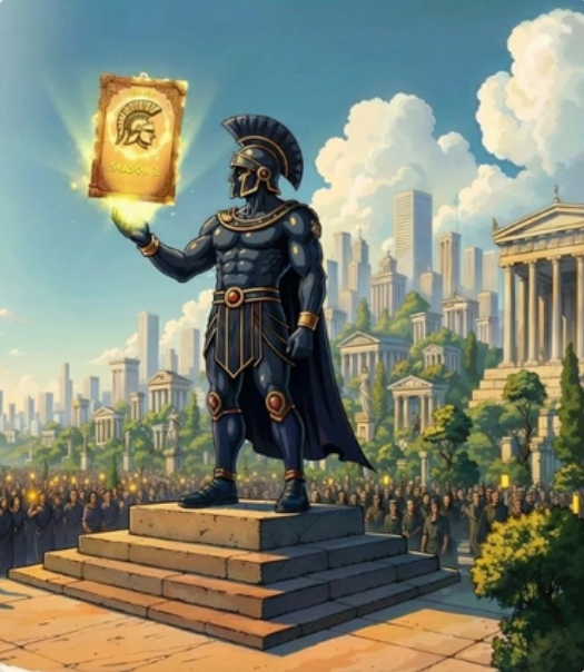 The image features a statue of a man wearing a helmet, holding a golden scroll or book above his head. The scene takes place in front of an ancient city with buildings and people scattered throughout the area. There are also several potted plants visible in the background. The caption provided after the image reads "orderflow felt awful all morning then randomly cleaned up once gas cooled off a bit funny how people still ignore execution infrastructure until volatility spikes and every fill starts slipping watching more DeFAI systems lean into automation now but most still choke once data".
