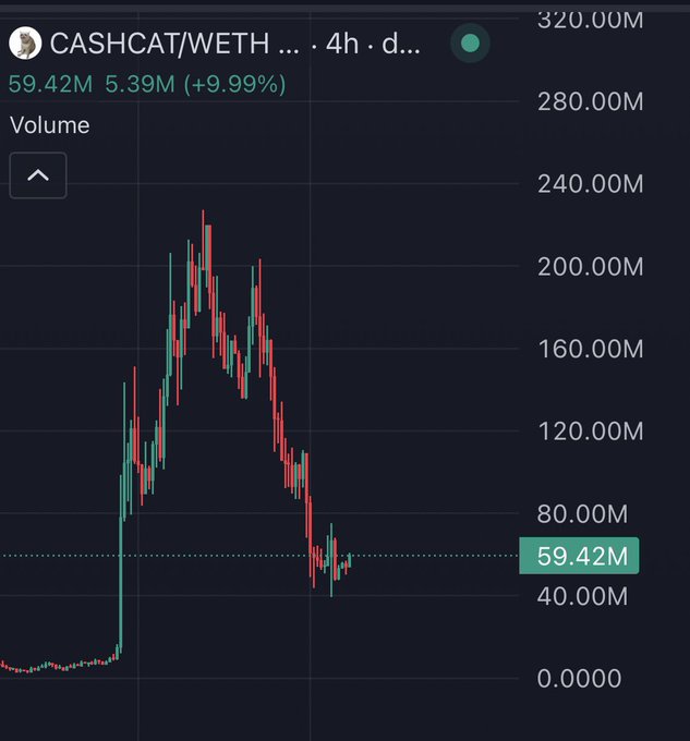 A candlestick chart shows CASHCAT/WETH volume on a 4-hour timeframe, with values ranging from 0 to 320.00M, currently at 59.42M after a sharp spike to over 220M and subsequent decline. The post questions whether this deep pullback from peak volume represents a "generational entry" point or if the opportunity has passed for $CASHCAT.