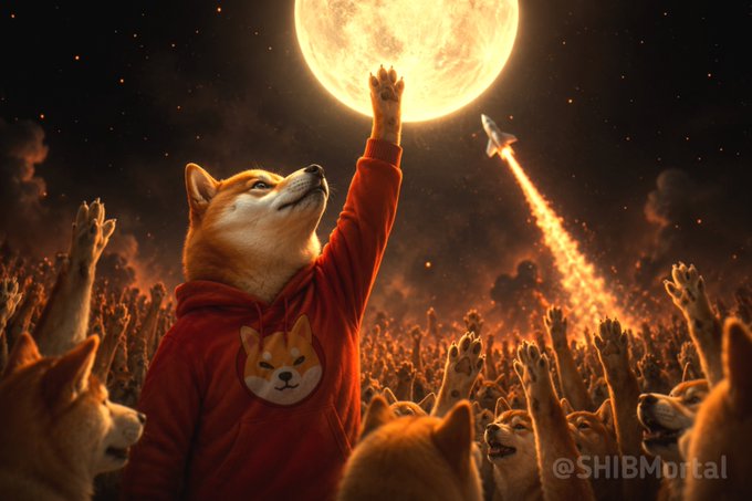 A dramatic digital illustration showing a Shiba Inu dog in a red hoodie raising its paw toward a large glowing moon, with a crowd of other Shiba Inus below and a rocket launching into the sky. The watermark '@SHIBMortal' is visible in the bottom right.