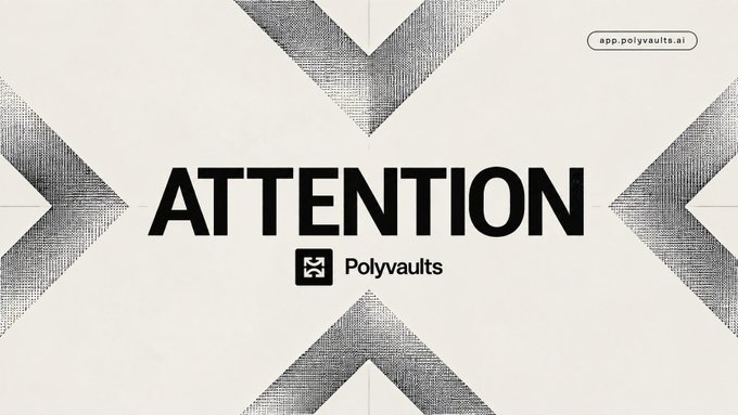 A graphic design features the word 'ATTENTION' in large black letters with the 'Polyvaults' logo and website 'app.polyvaults.ai' displayed.