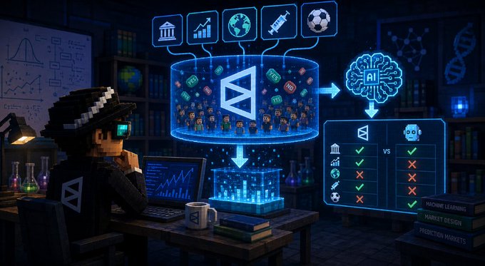 A pixel art illustration of a person working at a computer with AI/data analysis icons floating above, including symbols for finance, global data, medical, and sports, with a comparison chart showing checks and X marks on the right.
