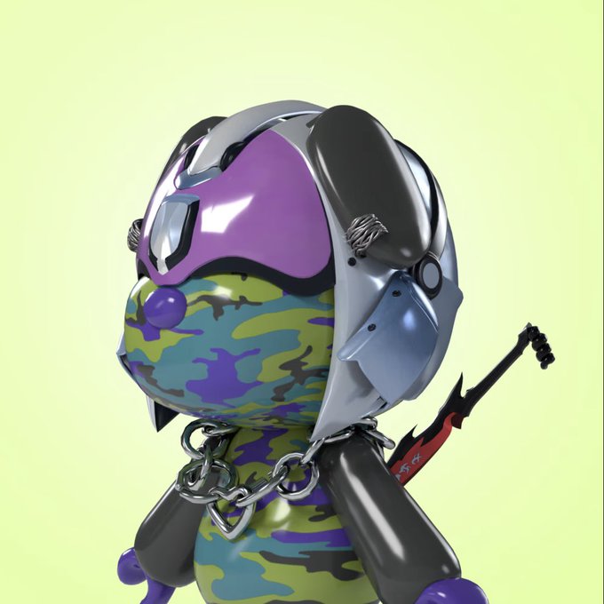 A glossy, futuristic chibi-style character wearing a chrome and purple armored helmet, camouflage bodysuit, and silver chain necklace stands against a pale green background, holding a red and black jagged weapon. The image visually represents the "#MetaSamurai" NFT described in the caption, showcasing the "Air Smoke Camo" skin and META ARMOUR gear highlighted in the post.
