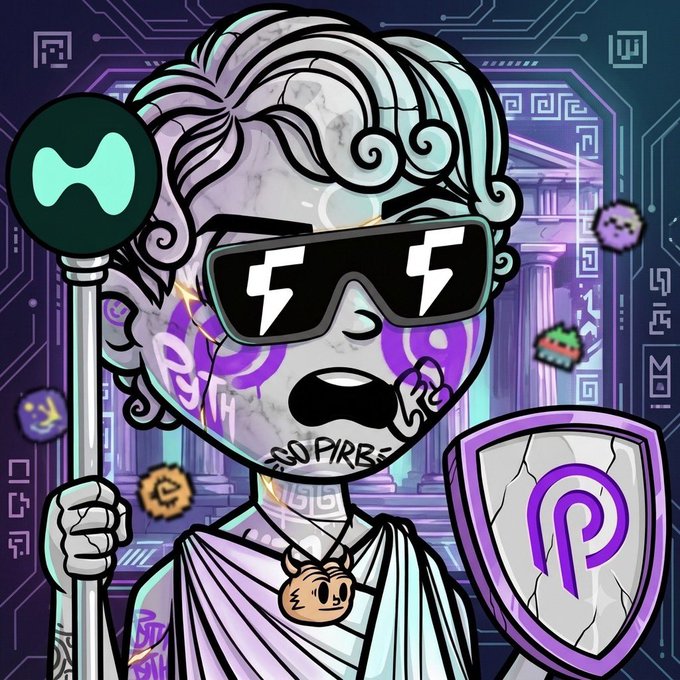 A stylized cartoon illustration of a marble Greek statue figure wearing sunglasses with lightning bolts, holding a staff with an 'H' logo and a shield with the Polygon (MATIC) logo.