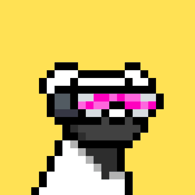 The image features a cartoon dog wearing sunglasses, with pink eye glasses that make its eyes appear larger than life. The background of the image is yellow, which contrasts with the white fur of the dog. There are no other objects or texts present in the image.