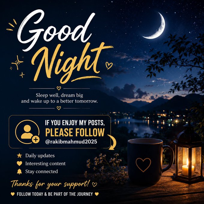 A "Good Night" social media graphic features a moonlit landscape with a coffee mug and lantern, asking followers to "PLEASE FOLLOW @rakibmahmud2025" for daily updates.
