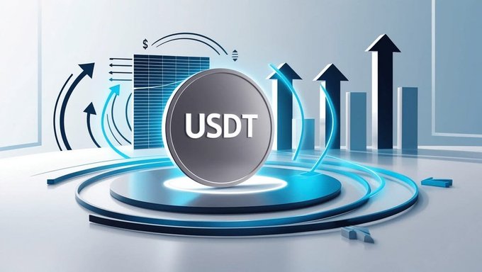 A 3D rendering of a silver USDT coin on a glowing blue circular platform, surrounded by upward-pointing arrows and bar graphs.