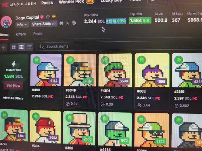 A Magic Eden NFT marketplace screenshot showing a 'Doge Capital' collection with a floor price of 2.244 SOL (+1213.08%), top offer of 1.584 SOL, and various pixel art character listings.