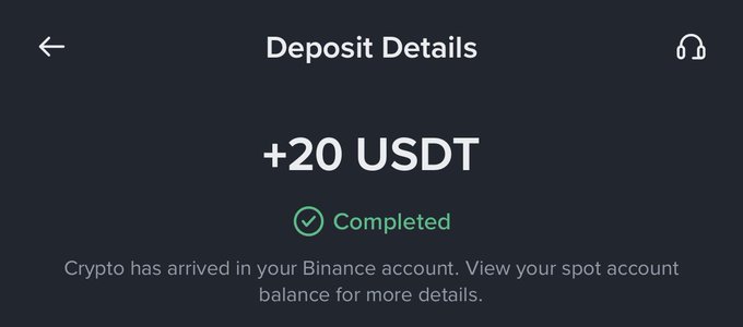 A Binance deposit confirmation screen showing "+20 USDT" deposit completed successfully.