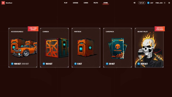 A storefront page from MoonRacer showing various items for sale including Access Bundle, Carbox, Paintbox, Cardpack, and Secret Pilot priced in IGT.