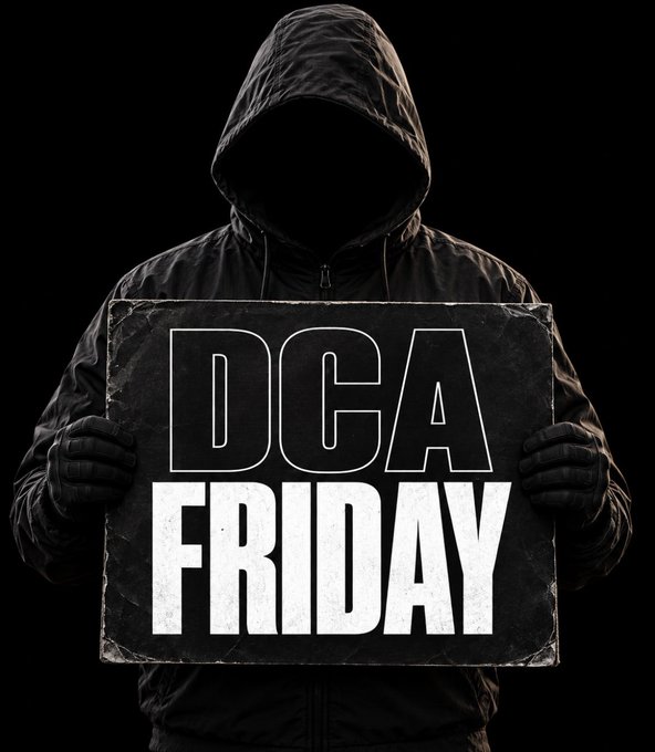 A dark, mysterious image of a hooded figure in black holding a sign that reads 'DCA FRIDAY' in bold white letters.