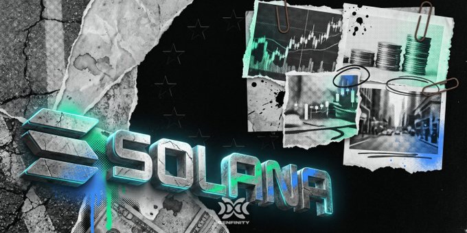 A stylized graphic displaying the word 'SOLANA' alongside financial charts, photos of money, and the 'INFINITY' logo.