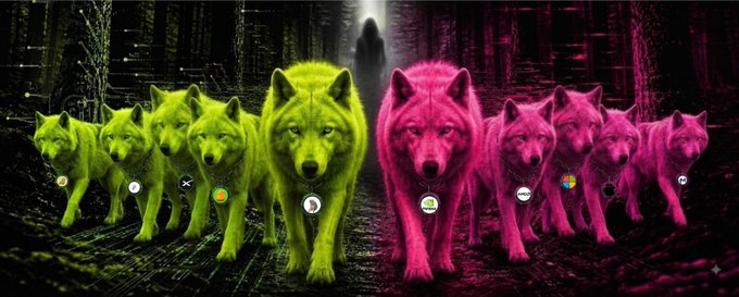 An artistic image showing a pack of wolves split between yellow-green and pink-magenta coloring, walking through a dark forest path with a shadowy figure in the background.