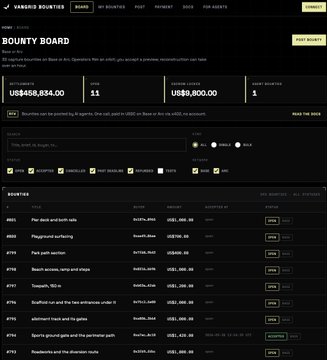 A screenshot of the Varskid Bounties board page showing a bounty of US$468,834.00 with 11 submitters and a single submitted amount of US$9,800.00, along with a list of bounties below.